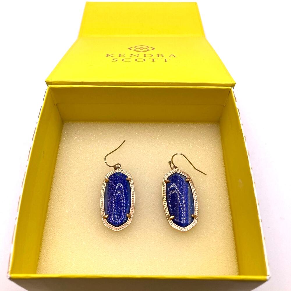 Kendra Scott ELLE Drop Earrings Glittery Blue Stone Rose Gold Tone with Box